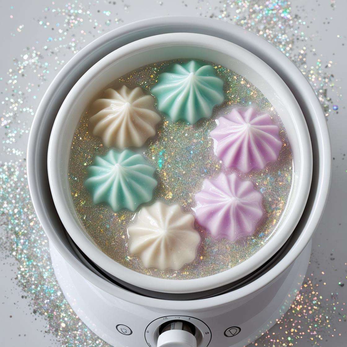 Small appliance with colorful meringue-like items on a glittery background