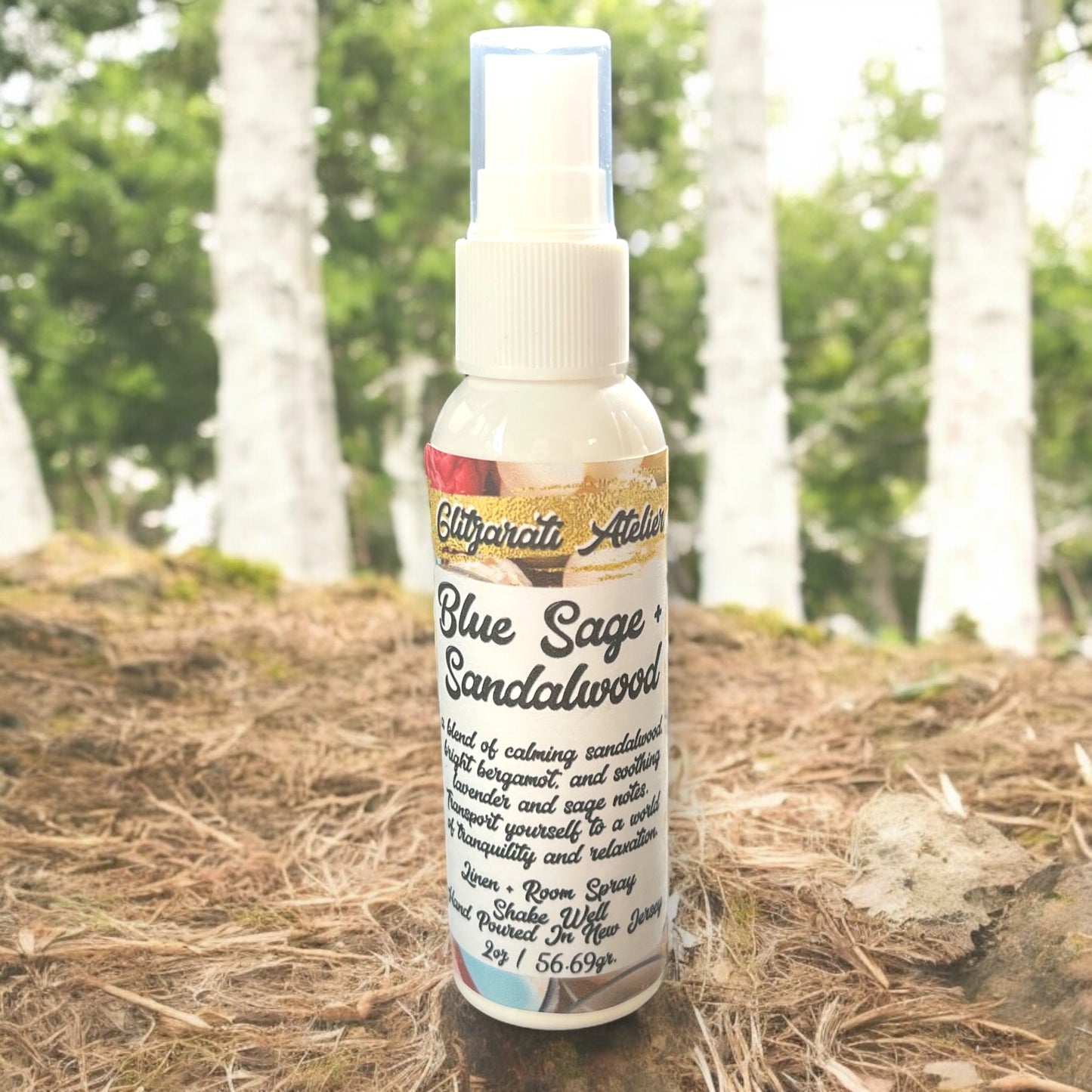 Linen & Room Fine Mist Spray – Blue Sage + Sandalwood | Natural 2oz Odor Freshener | Glitzarati Atelier
