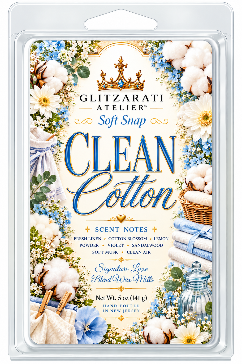 Clean Cotton | Signature Luxe Blend Wax Melt | Fresh Linen, Cotton Blossom & Soft Musk | 5 oz Clamshell | Glitzarati Atelier™