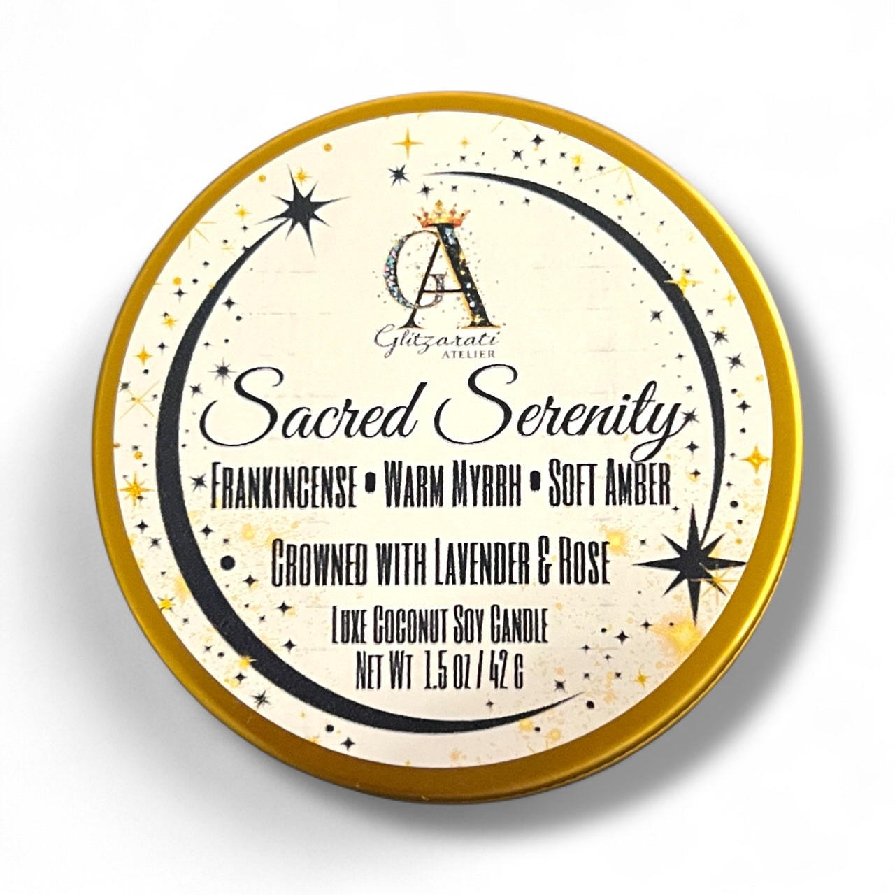 Candle packaging with 'Sacred Serenity' description on a white background