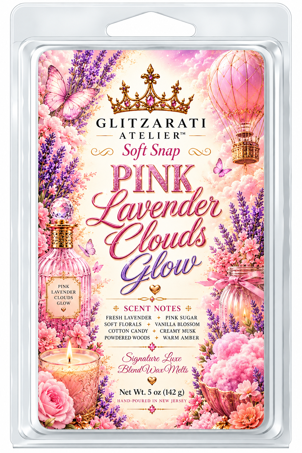 Pink Lavender Clouds Glow | Signature Luxe Blend Wax Melt | Fresh Lavender, Pink Sugar & Creamy Musk | 5 oz Clamshell | Glitzarati Atelier™
