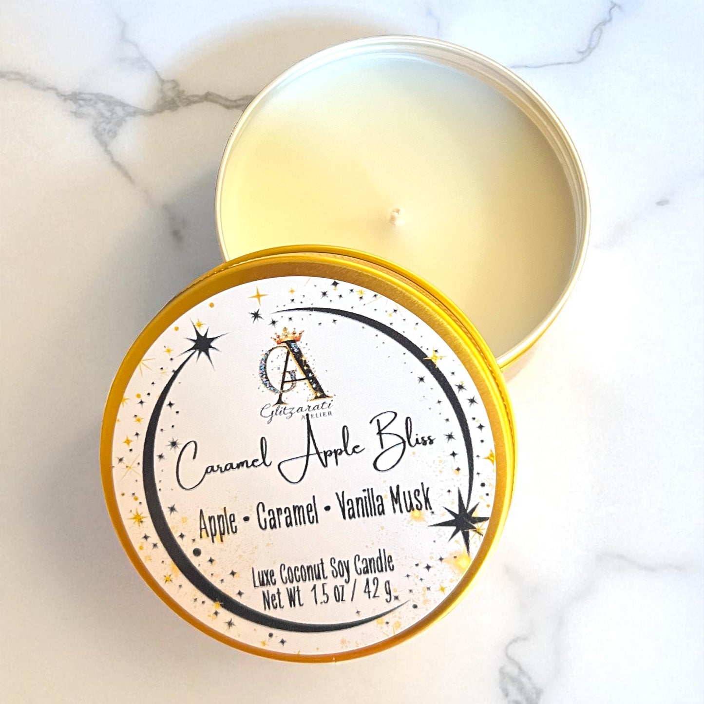 Caramel Apple Bliss Petite Luxe™ Candle – Apple, Caramel & Vanilla • 2 oz Travel Tin | Glitzarati Atelier