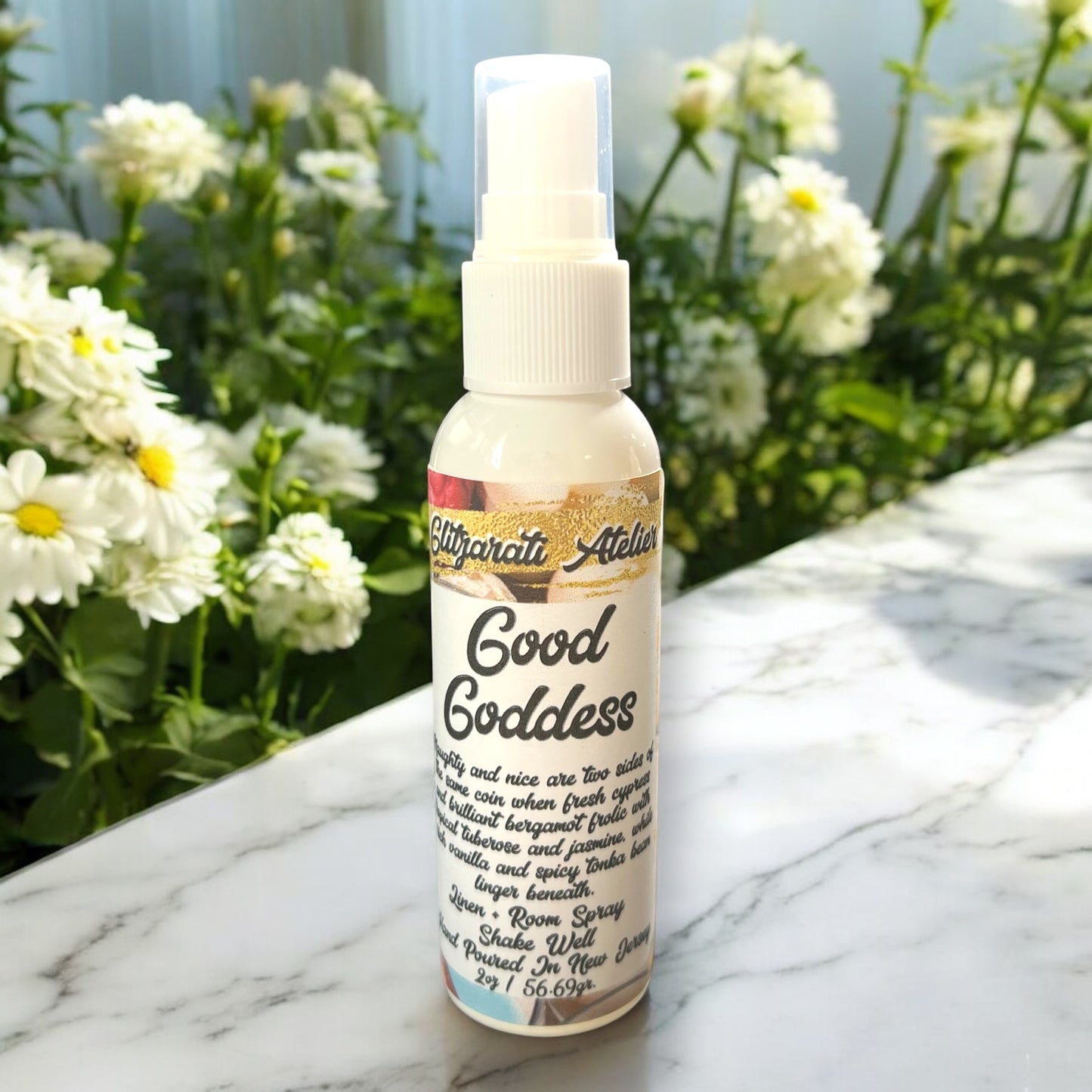 Linen & Room Fine Mist Spray – Good Goddess | Natural 2oz Odor Freshener | Glitzarati Atelier