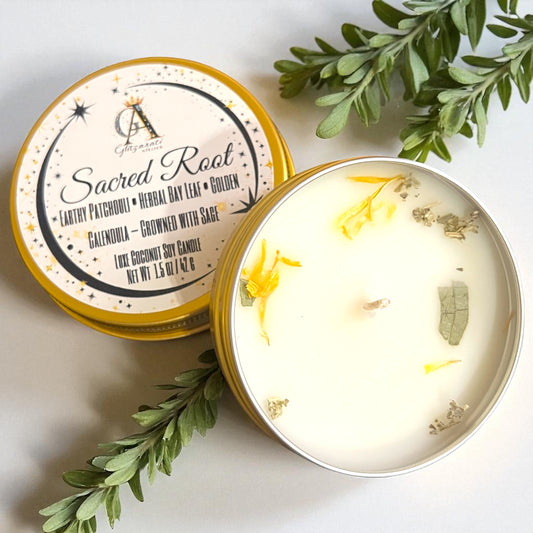 Candle in a tin with decorative elements on a light background