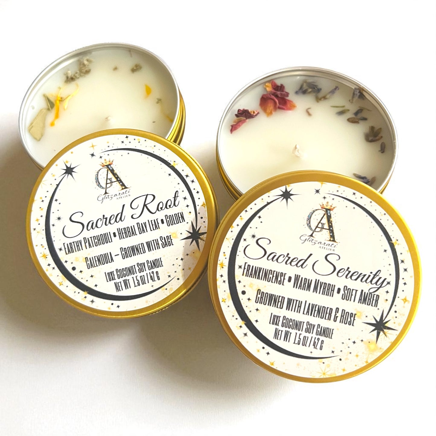 Sacred Crown™ Manifestation Petite Luxe™ Candle Duo – Sacred Serenity & Sacred Root • 2 oz Travel Tins | Glitzarati Atelier
