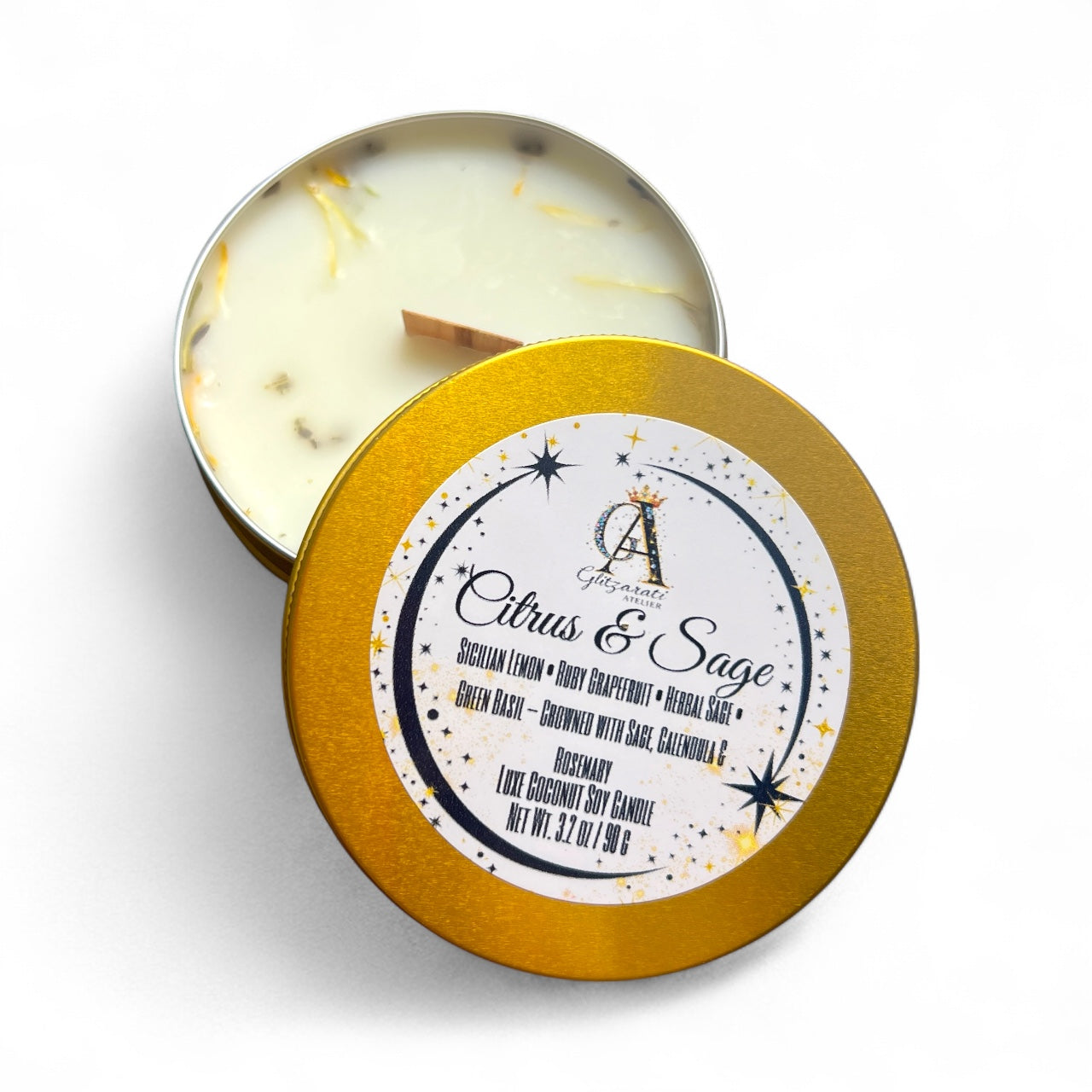 Candle in a gold tin with a label on a white background