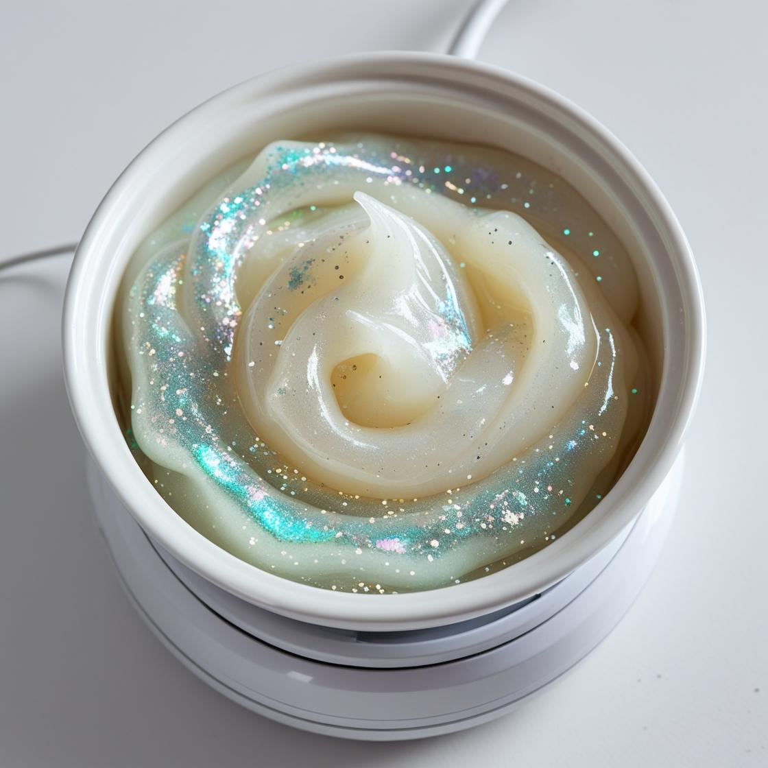 Creamy substance with glitter in a white container on a light gray background