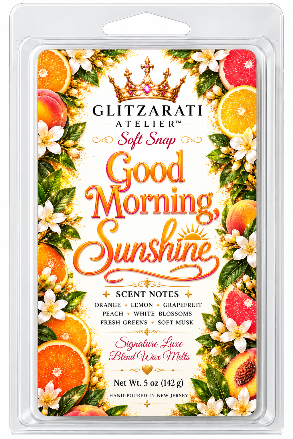 Good Morning, Sunshine | Signature Luxe Blend Wax Melt | Pink Grapefruit, Sparkling Champagne & Vanilla Musk | 5 oz Clamshell | Glitzarati Atelier™