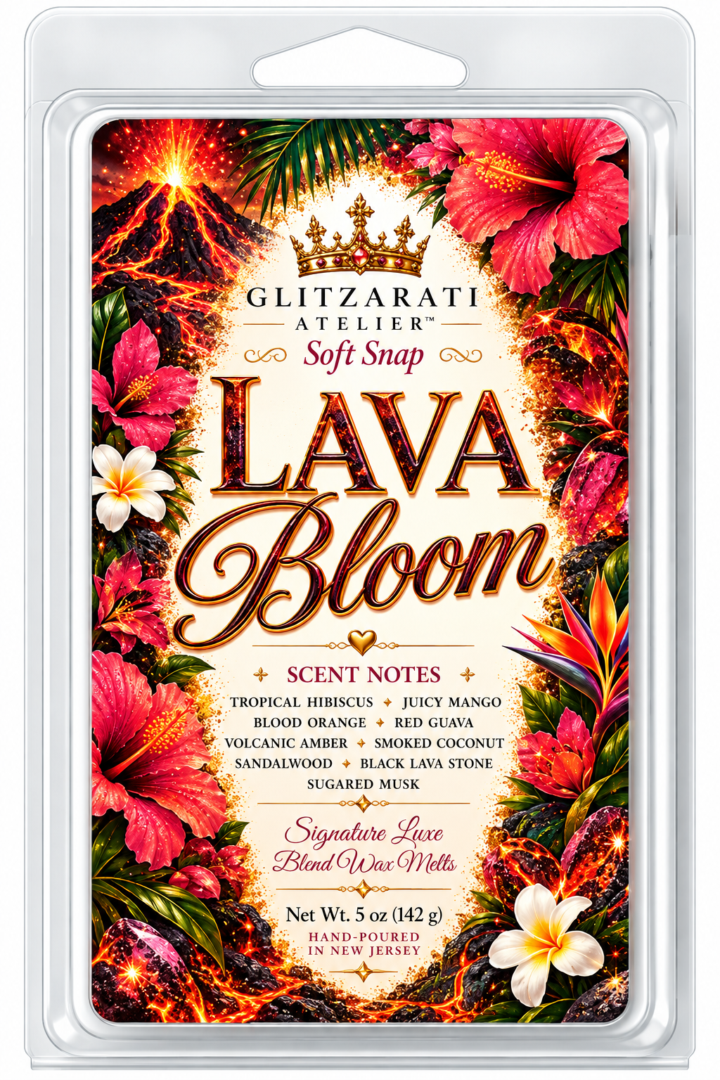 Lava Bloom | Signature Luxe Blend Wax Melt | Tropical Hibiscus, Juicy Mango & Smoked Coconut | 5 oz Clamshell | Glitzarati Atelier™