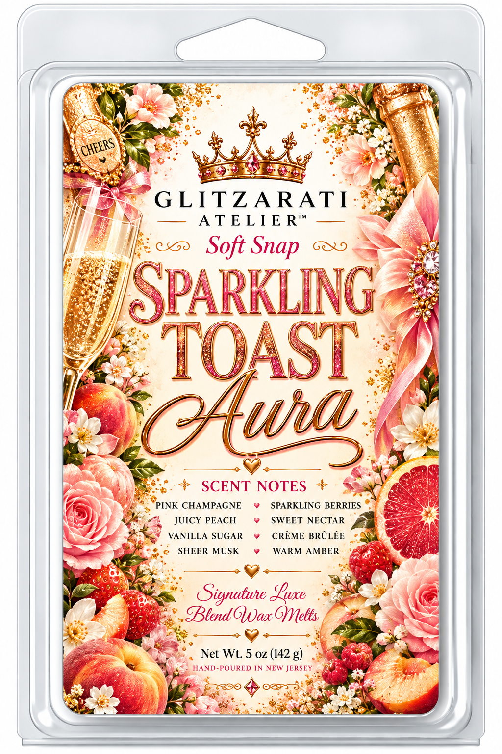 Sparkling Toast Aura | Signature Luxe Blend Wax Melt | Pink Champagne, Sparkling Berries & Vanilla Sugar | 5 oz Clamshell | Glitzarati Atelier™