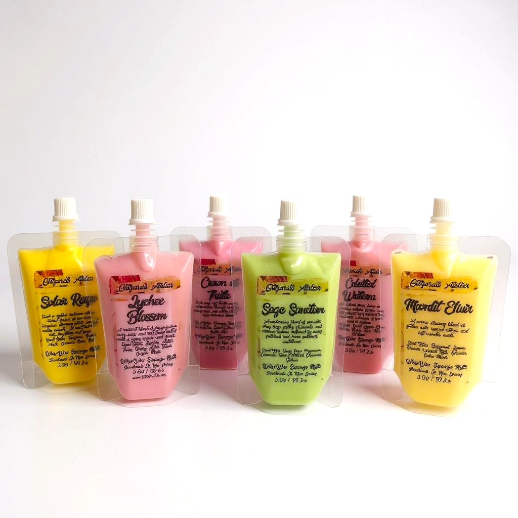 Set of colorful bottles with labels on a white background
