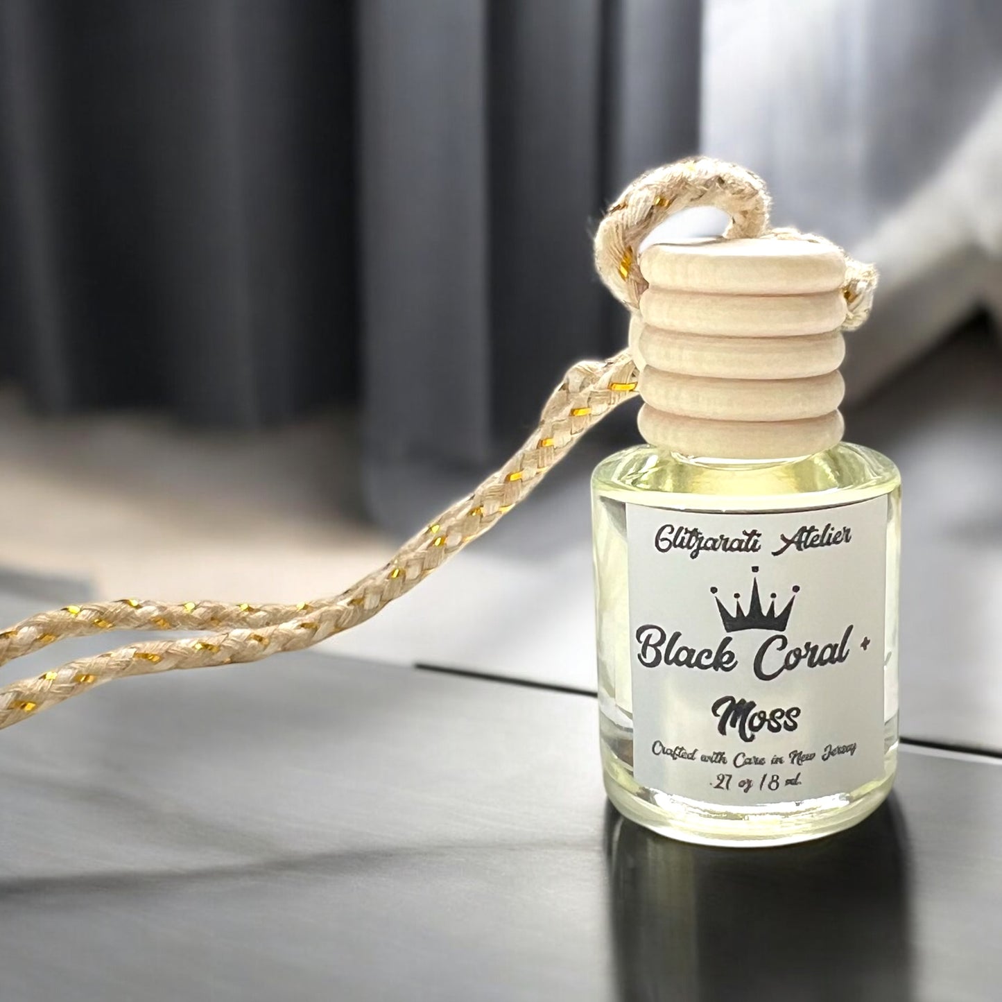 Black Coral & Moss Hanging Car Diffuser – Amber, Musk & Lavender Woods | 8ml Glass Freshener by Glitzarati Atelier