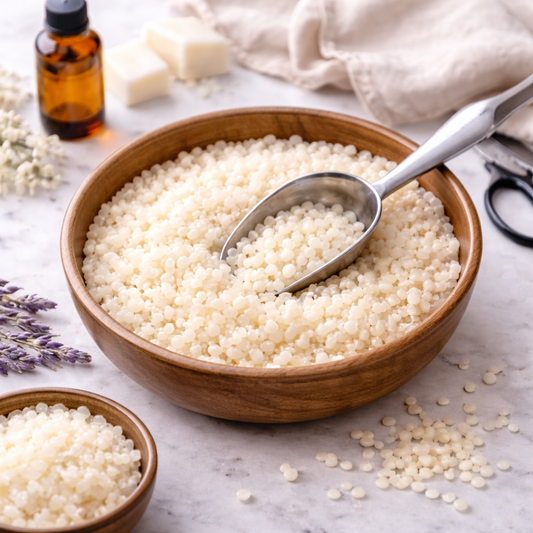 Wooden bowl with isinglass, a spoon, and lavender flowers on a marble surface.