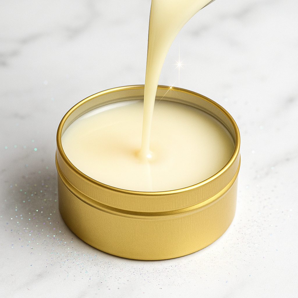 Gold candle being poured into a gold candle container on a white background