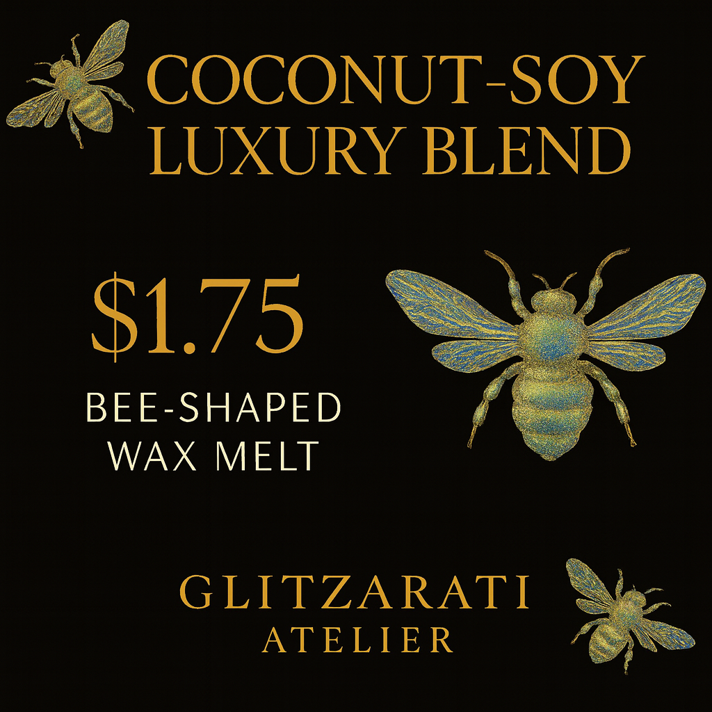 Advertisement for bee-shaped wax melts with coconut-soy luxury blend and Glitzarati Atelier branding.