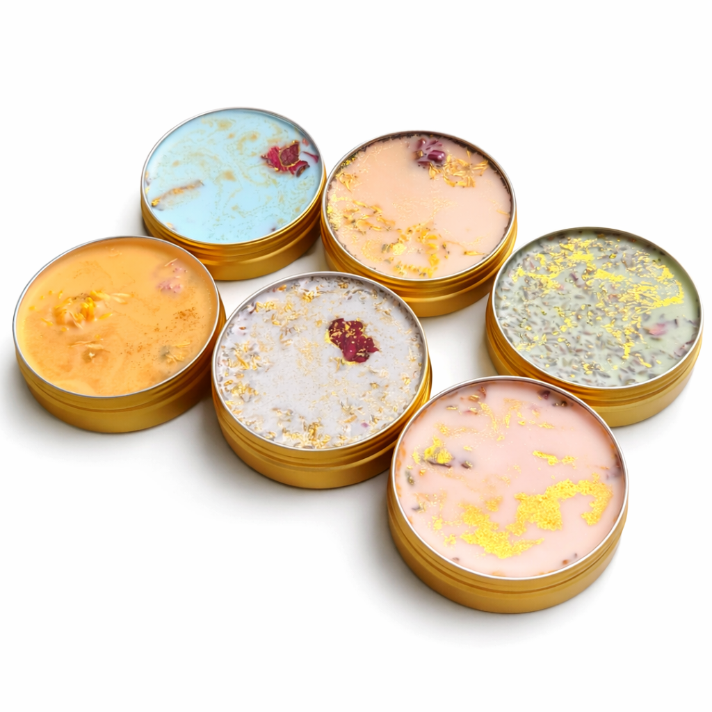 Set of small round containers with decorative lids on a white background