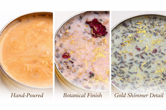 Three different types of sauces with labels 'Hand-Poured', 'Botanical Finish', and 'Gold Shimmer Detail' on a white background.
