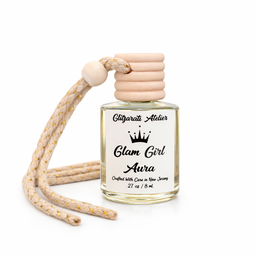 Perfume bottle with a rope and wooden cap on a white background