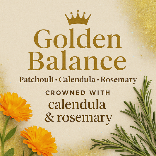 Advertisement for 'Golden Balance' with calendula and rosemary on a beige background