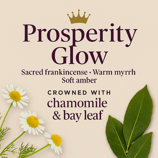 Advertisement for 'Prosperity Glow' with floral elements on a beige background