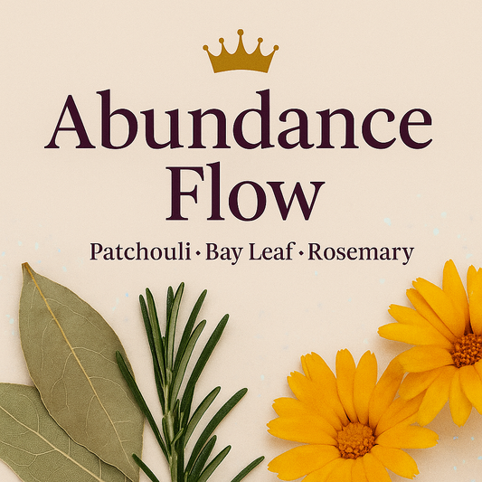 Product packaging for 'Abundance Flow' with herbs and flowers on a beige background