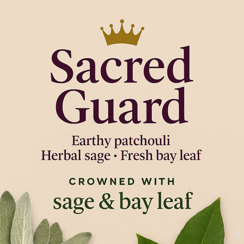 Product label for 'Sacred Guard' with herbal elements on a beige background