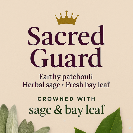 Product label for 'Sacred Guard' with herbal elements on a beige background