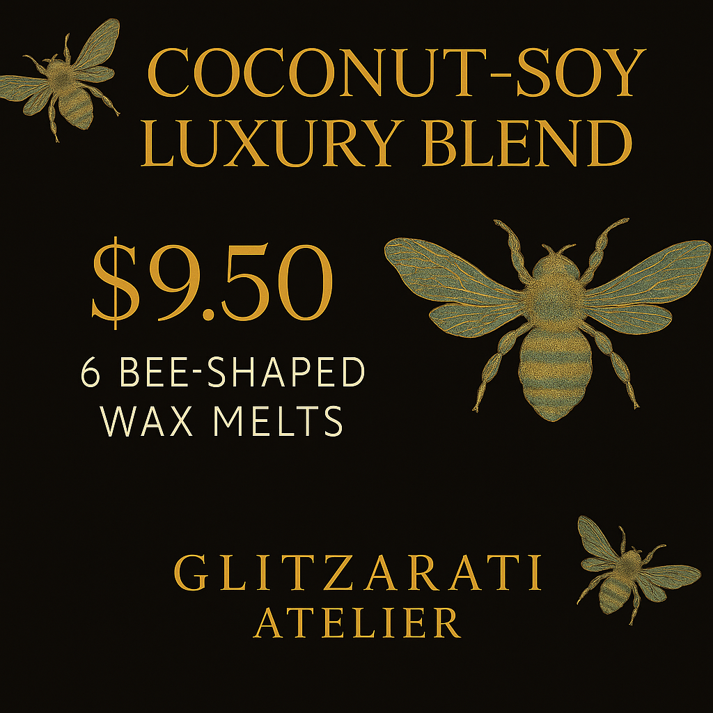 Advertisement for coconut-soy luxury blend wax melts with bee-shaped design on a black background.