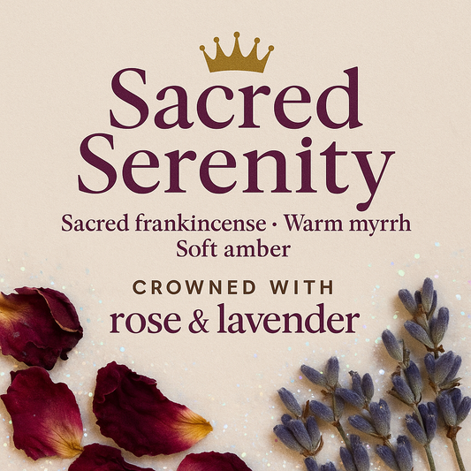 Product packaging with 'Sacred Serenity' text, rose petals, and lavender on a beige background.