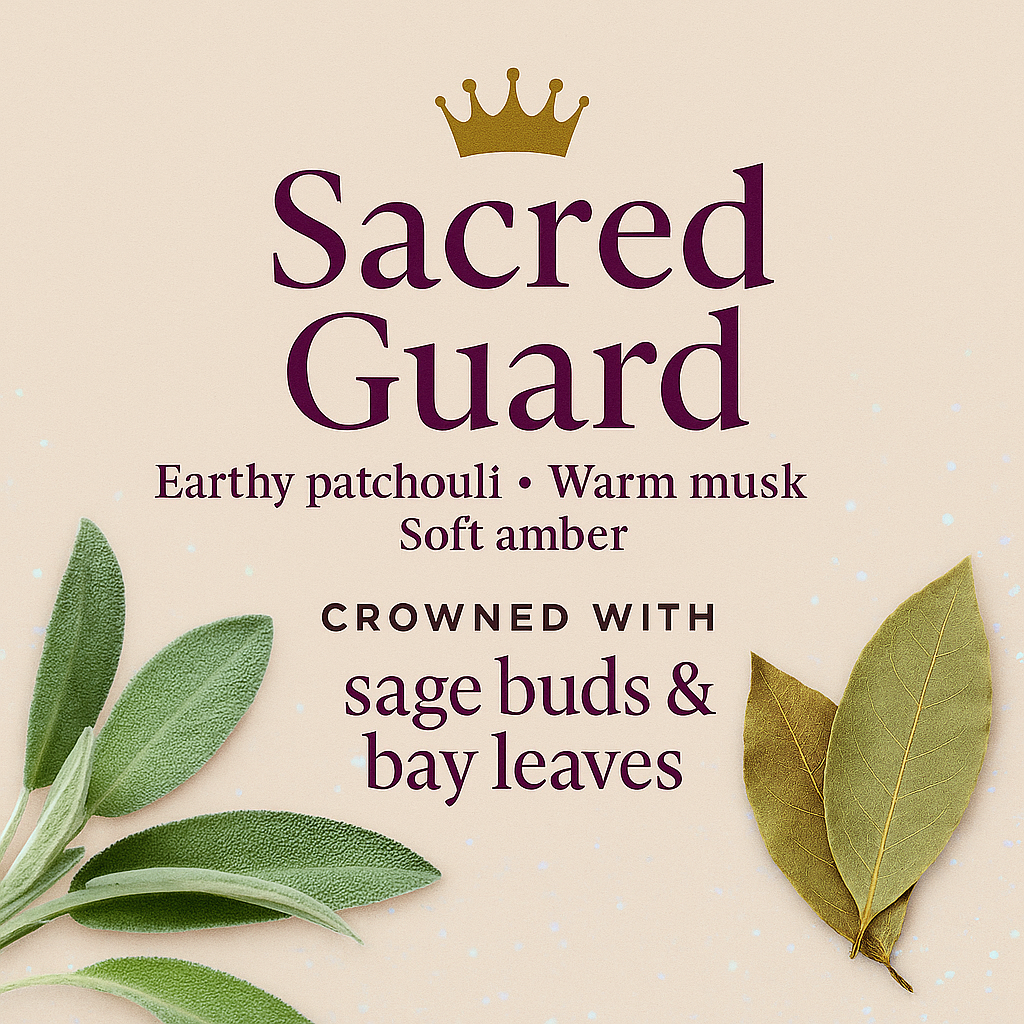 Product packaging for 'Sacred Guard' with text and leaves on a beige background