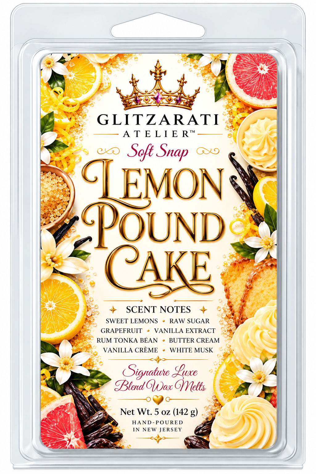 Lemon Pound Cake | Signature Luxe Blend Wax Melt | Sweet Lemon, Buttercream & Vanilla Sugar | 5 oz Clamshell | Glitzarati Atelier™