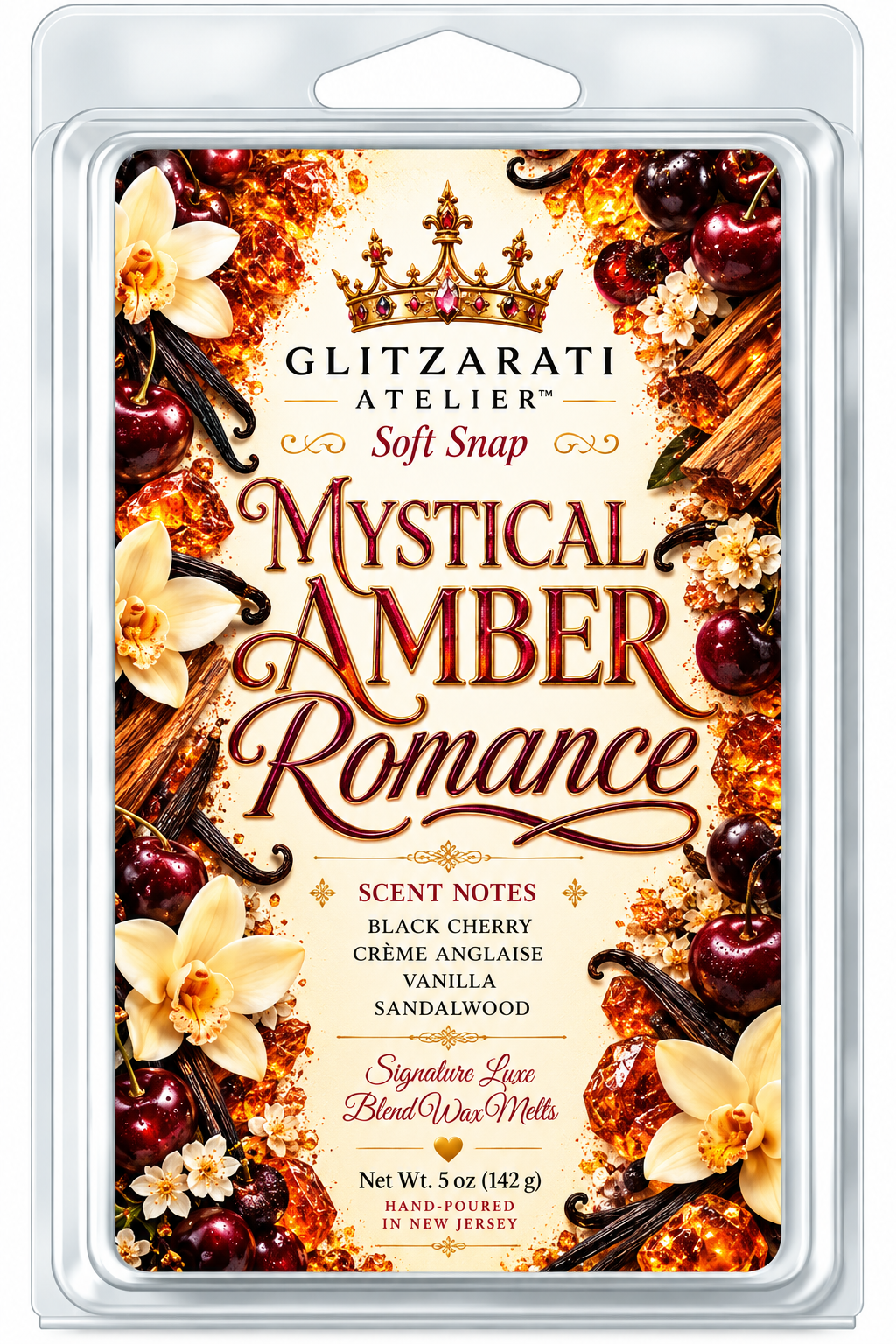 Mystical Amber Romance | Signature Luxe Blend Wax Melt | Soft Amber, Delicate Almond & Romantic Perfume | 5 oz Clamshell | Glitzarati Atelier™