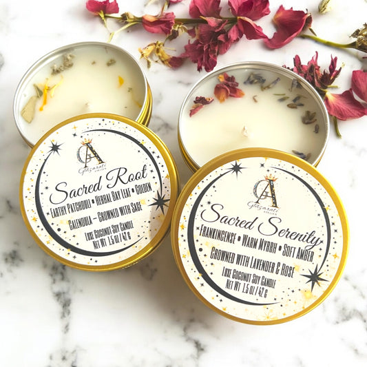 Sacred Crown™ Manifestation Petite Luxe™ Candle Duo – Sacred Serenity & Sacred Root • 2 oz Travel Tins | Glitzarati Atelier