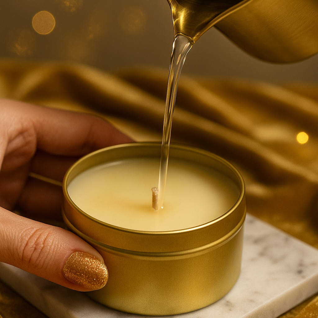 Gold liquid being poured into a gold candle container on a marble surface with a blurred golden background.