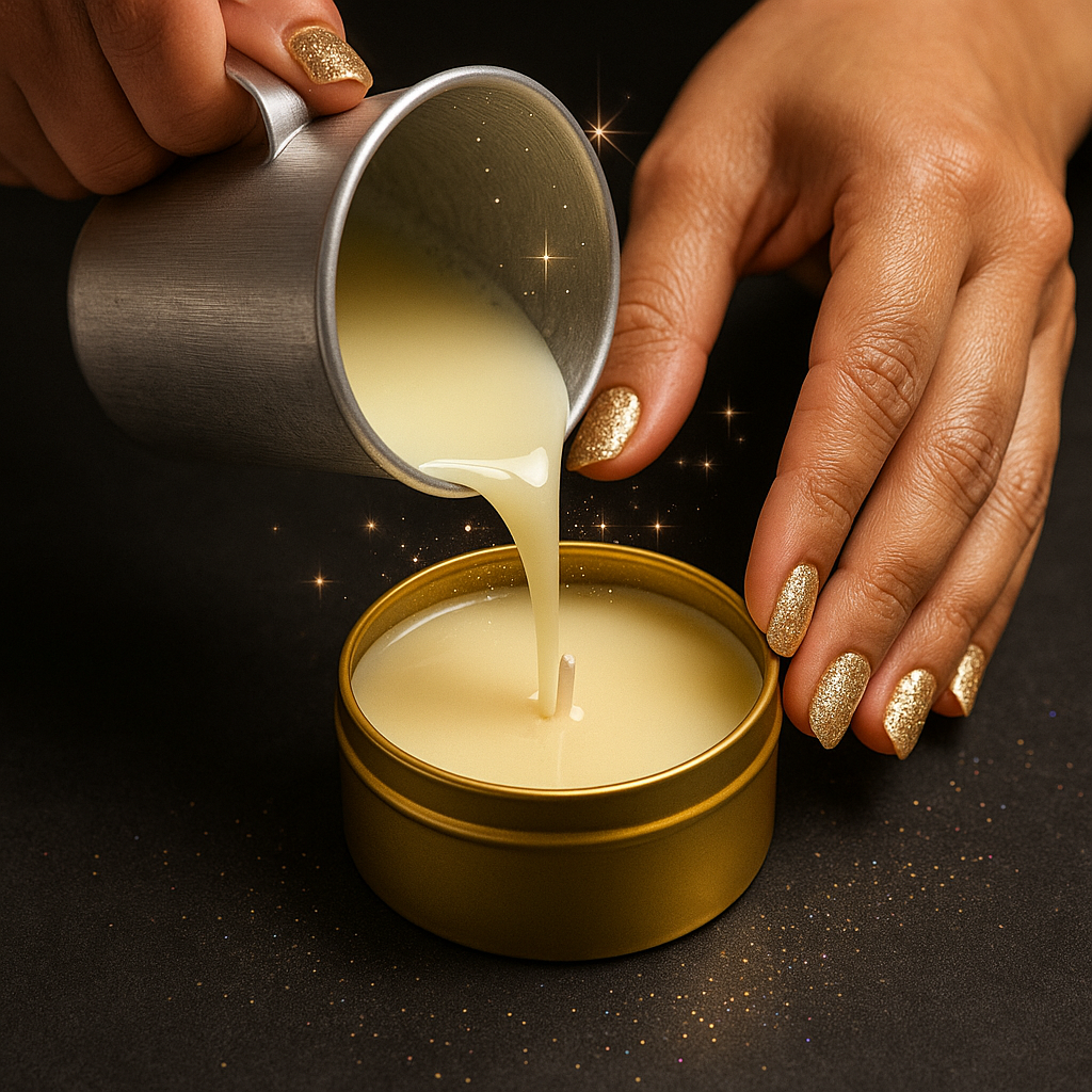 Hand pouring liquid into a candle in a metallic container on a dark background
