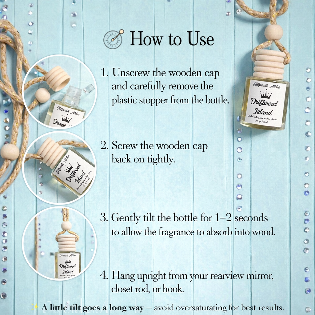 Instructions on how to use a wooden bottle with a label on a blue wooden background