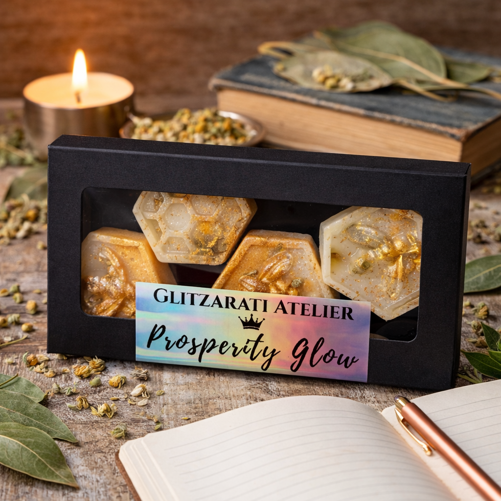 Sacred Crown™ Manifestation Bee Melts – Prosperity Glow | Frankincense, Myrrh, Chamomile & Bay Leaf | Coconut Soy Wax | Set of 4 Bees | Net Wt. 2.8 oz | Glitzarati Atelier