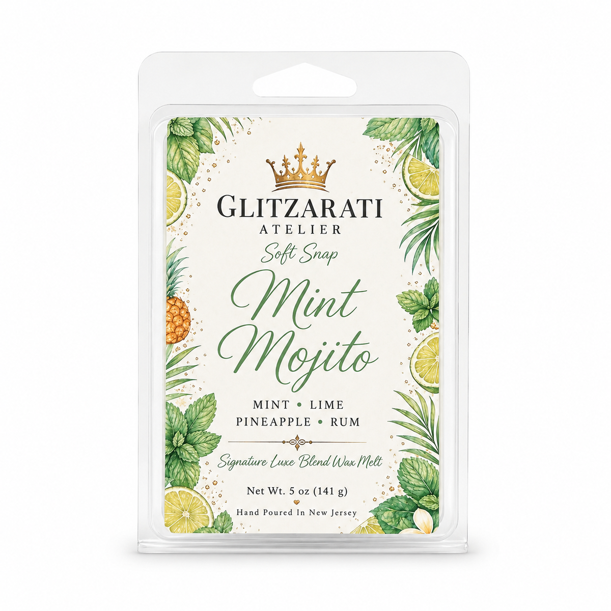 Glitzerati Atelier Mint Mojito wax melt packaging on a white background