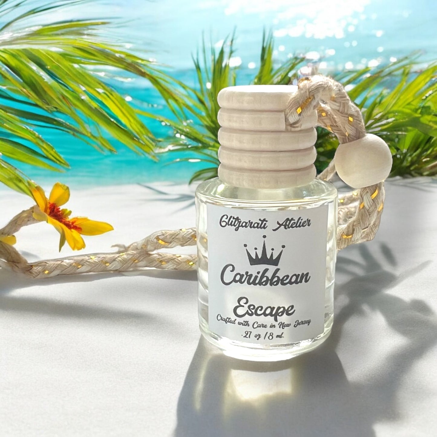 Caribbean Escape Hanging Car Diffuser – Pineapple, Coconut & Ocean Breeze Scent | 8ml Glass Freshener by Glitzarati Atelier
