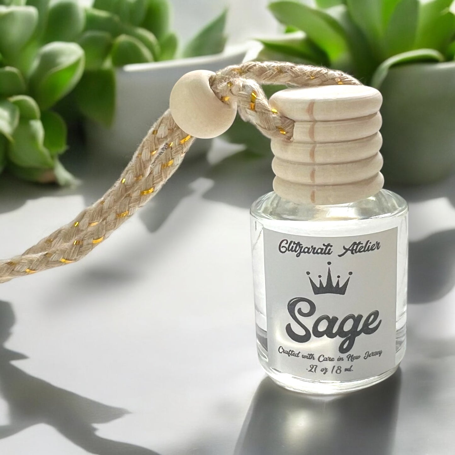 Sage Hanging Car Diffuser – Fresh Herbal Clean Scent | 8ml Glass Freshener by Glitzarati Atelier