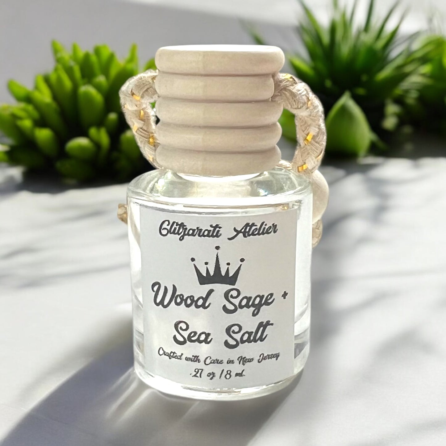 Wood Sage & Sea Salt Hanging Car Diffuser – Coastal Musk + Amber | 8ml Glass Freshener by Glitzarati Atelier