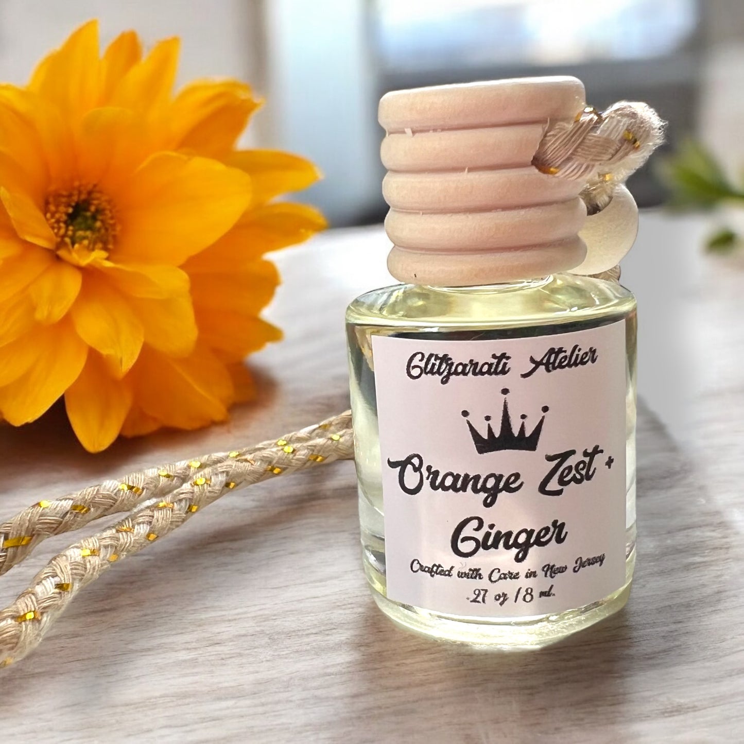 Orange Zest & Ginger Hanging Car Diffuser – Citrus Burst & Spicy Fresh | 8ml Glass Freshener by Glitzarati Atelier