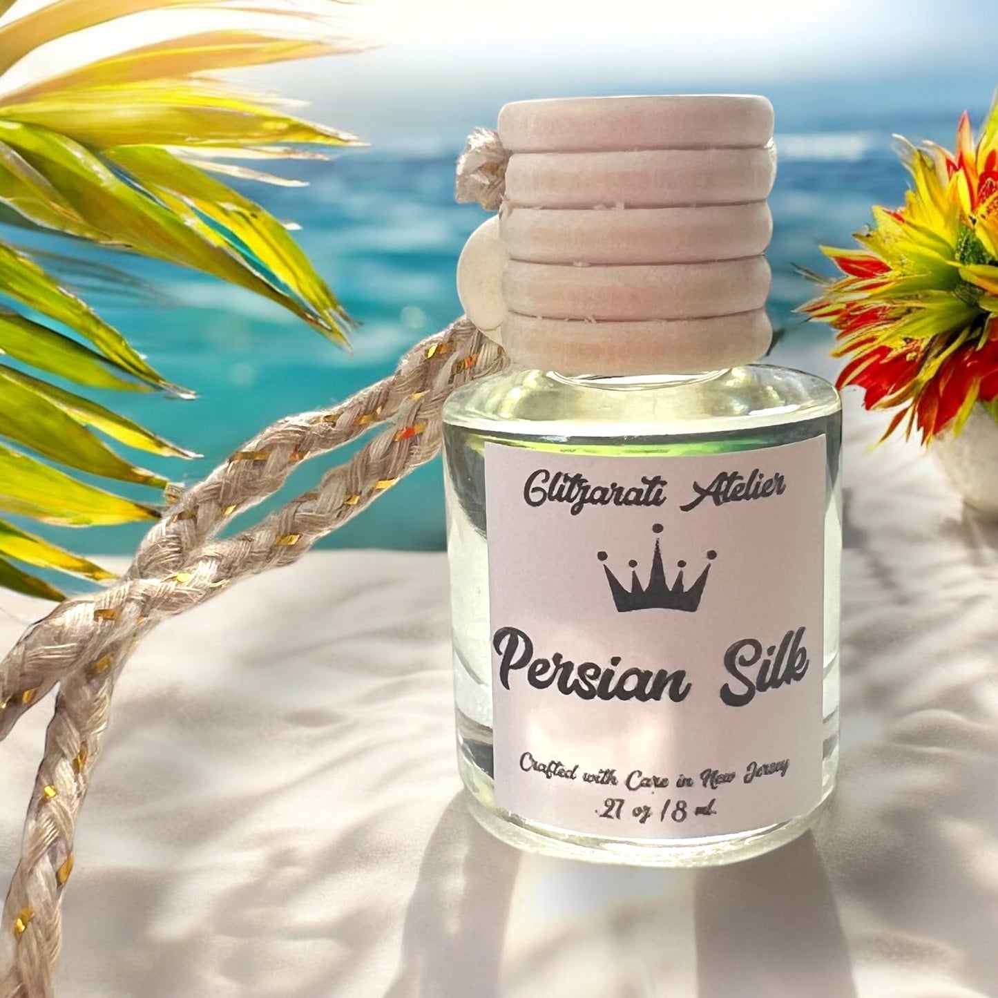 Persian Silk Hanging Car Diffuser – Citrus Bloom & Sweet Musk | 8ml Glass Freshener by Glitzarati Atelier