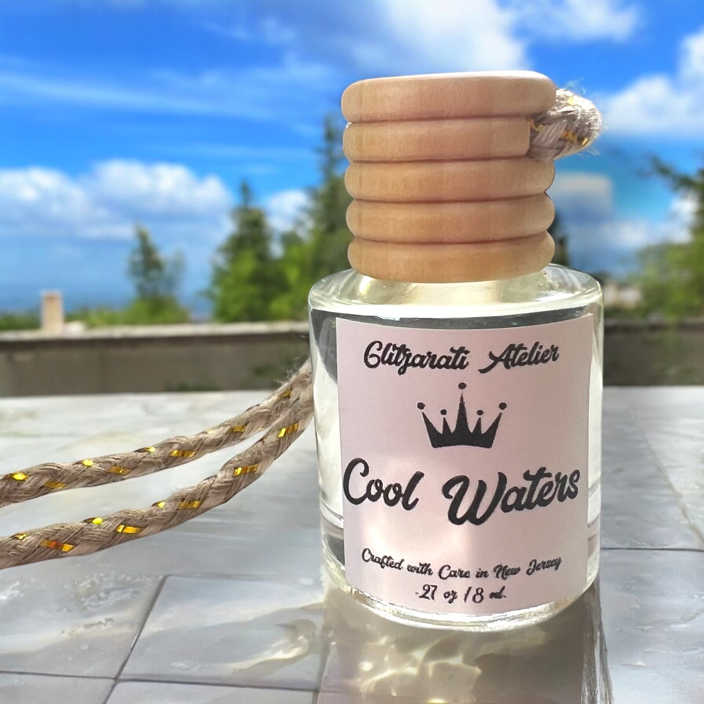 Cool Waters Hanging Car Diffuser – Citrus, Amber, & Cedarwood Freshener | 8ml Glass by Glitzarati Atelier