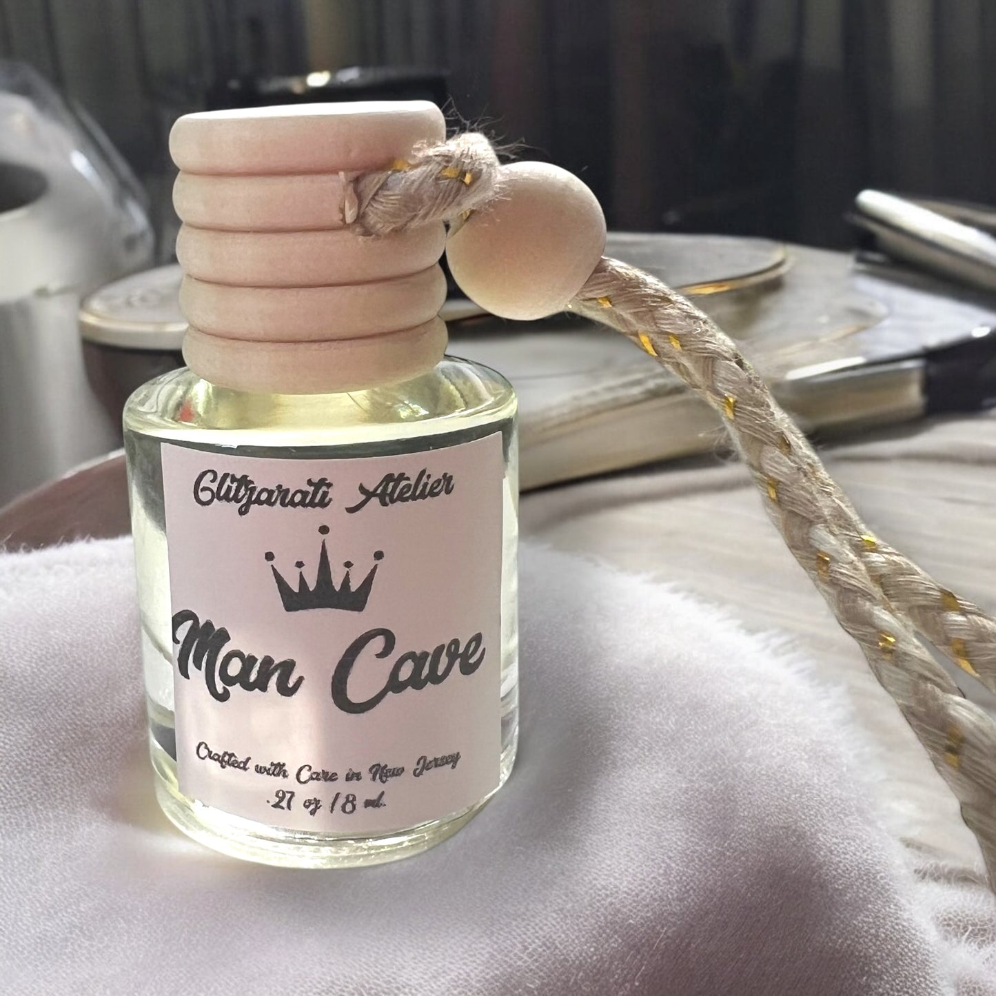 Man Cave Hanging Car Diffuser – Eucalyptus, Patchouli & Dark Amber Blend | 8ml Glass Freshener by Glitzarati Atelier