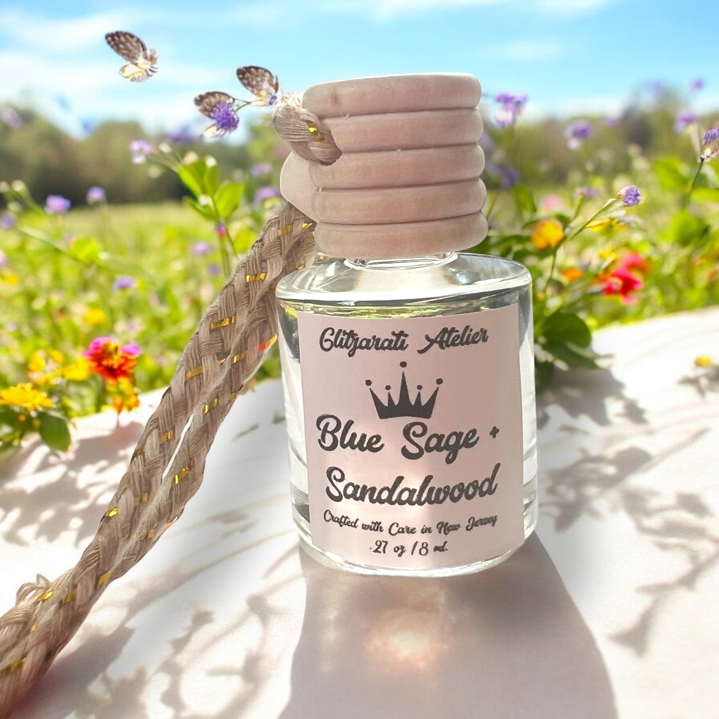 Blue Sage + Sandalwood Hanging Car Diffuser – Lavender, Bergamot & Woodsy Scent | 8ml Glass Freshener by Glitzarati Atelier