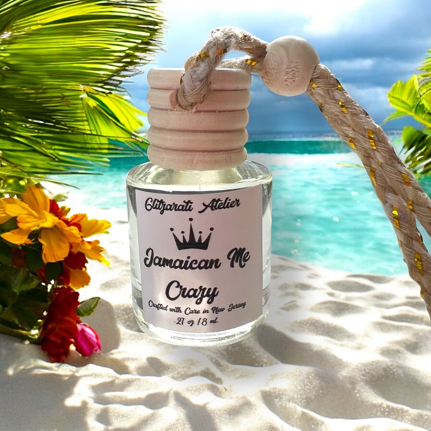 Jamaican Me Crazy Hanging Car Diffuser – Tropical Fruit, Coconut & Citrus Vibes | 8ml Glass Freshener by Glitzarati Atelier