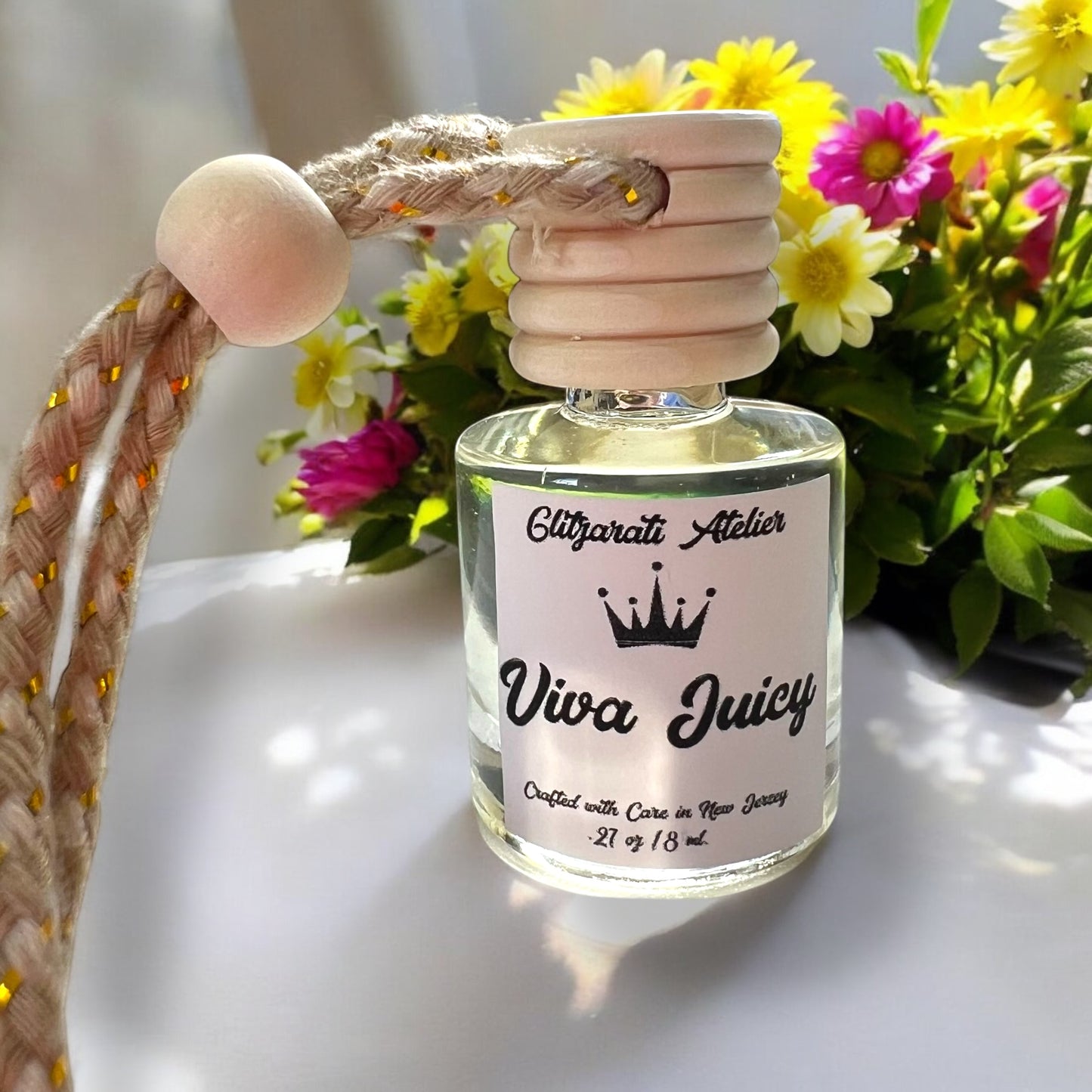 Viva La Juicy Hanging Car Diffuser – Limited Edition Sparkling Floral Musk | 8ml Glass Freshener by Glitzarati Atelier