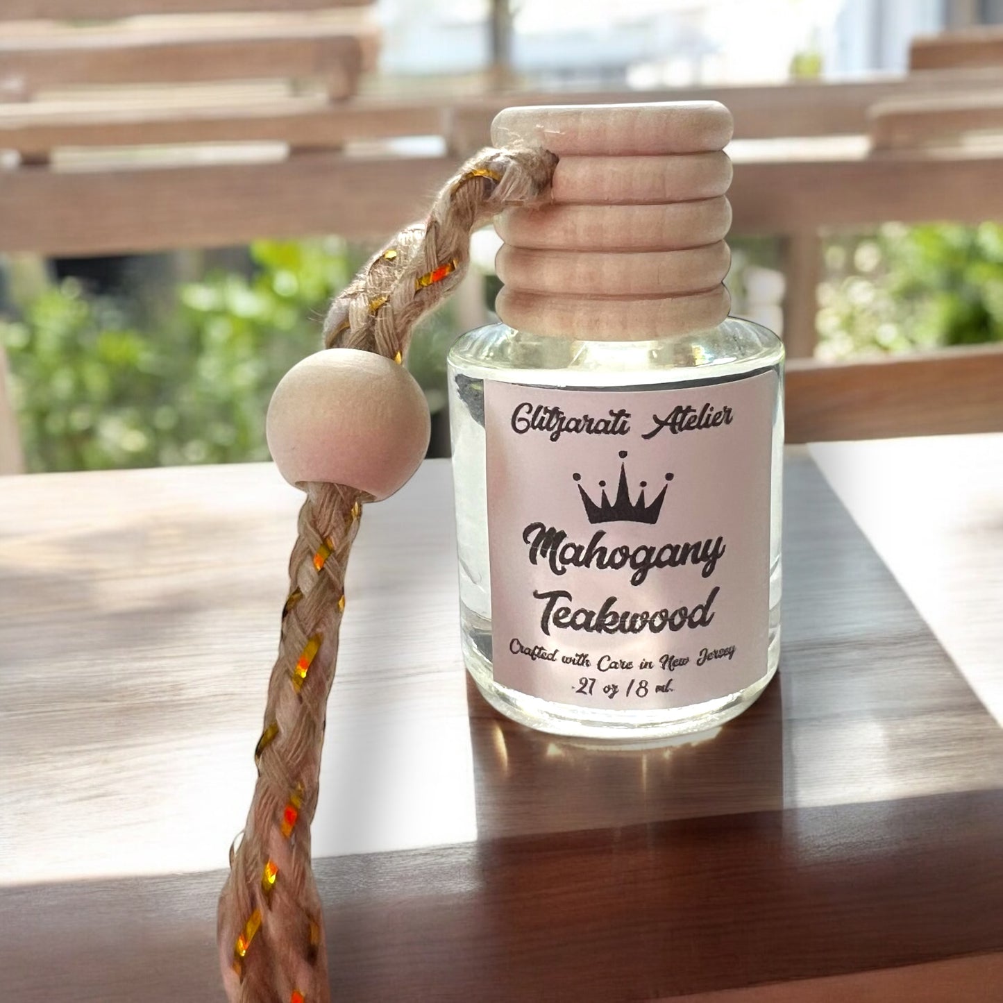 Mahogany Teakwood Hanging Car Diffuser – Rich Wood & Musk Aroma | 8ml Glass Freshener by Glitzarati Atelier