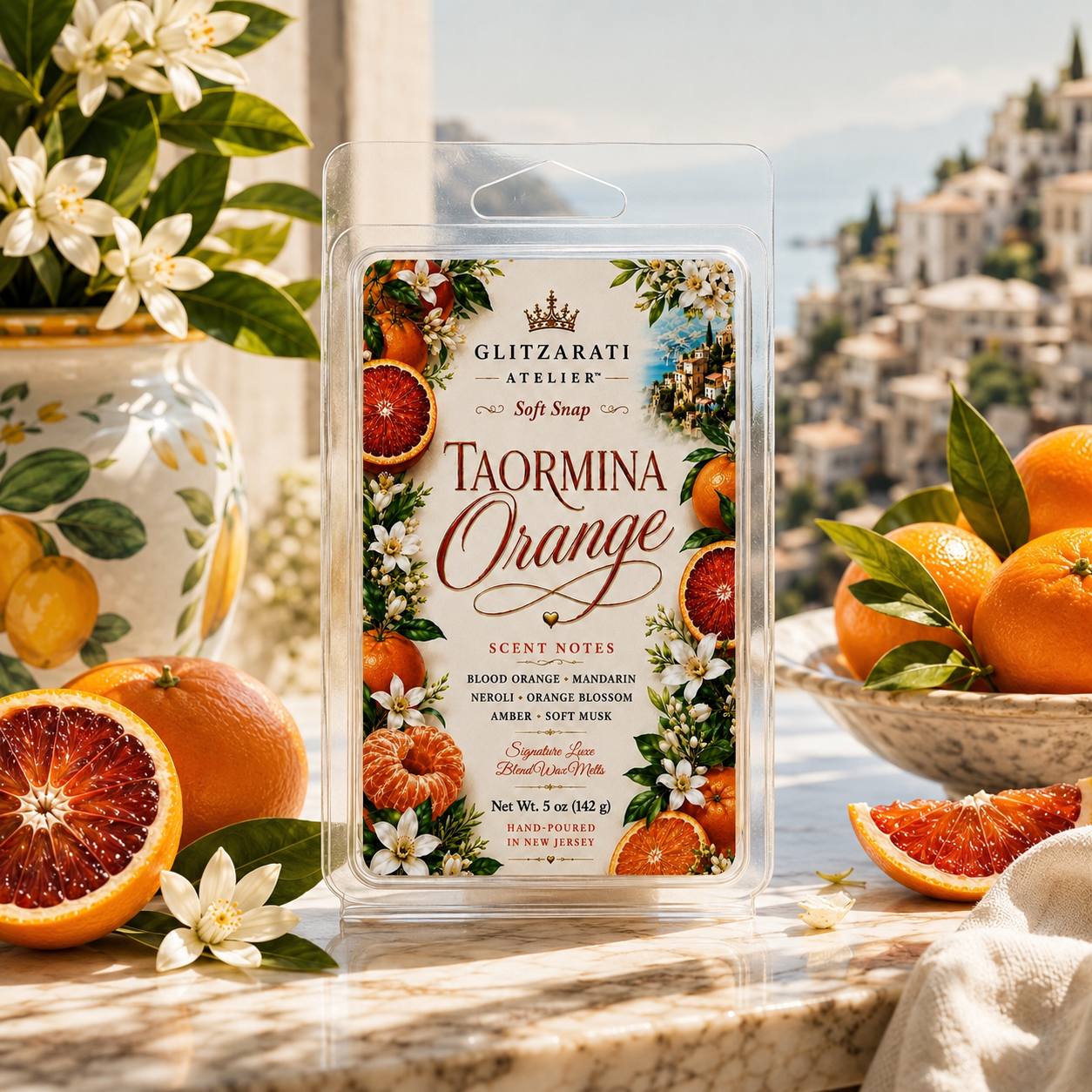 Taormina Orange | Signature Luxe Blend Wax Melt | Blood Orange, Green Mandarin & Citrus Woods | 5 oz Clamshell | Glitzarati Atelier™